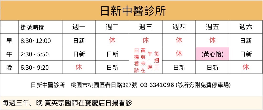 日新中醫診所門診時間表，列出週一至週六早午晚掛號時段與看診狀況，包含黃英宗醫師於週三看診說明